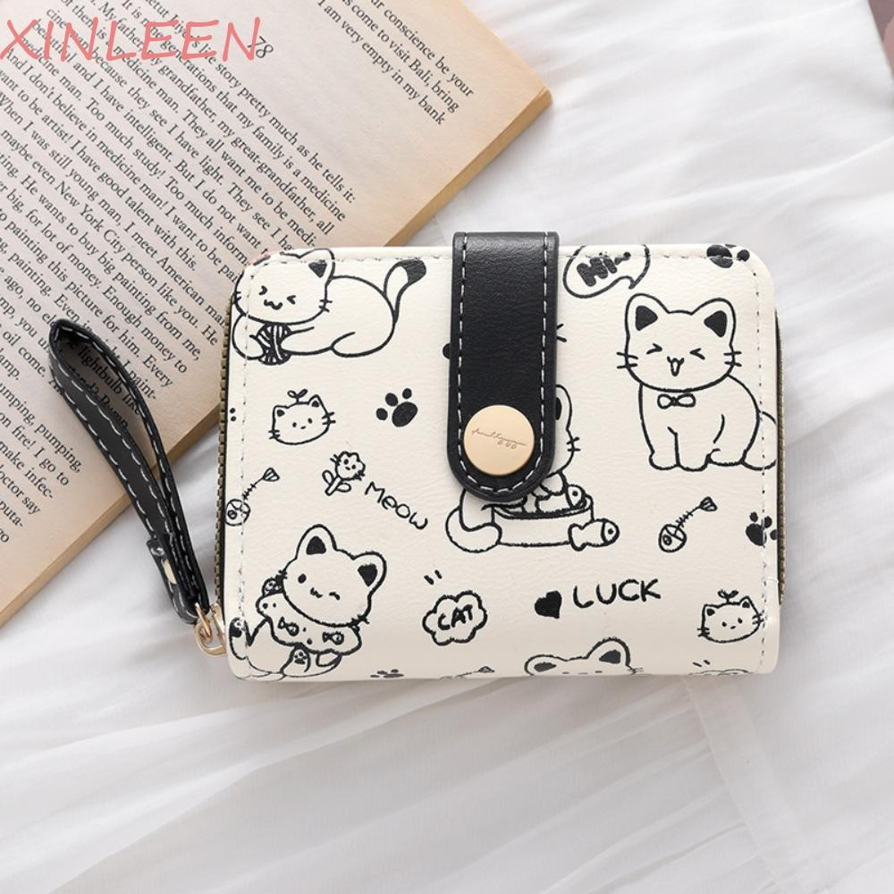 Carteira XINLEEN Cute Cat Girls , Bolsa De Dinheiro Curta À Prova D'água De Pu Para Estudantes , Carteiras Com Zíper Em