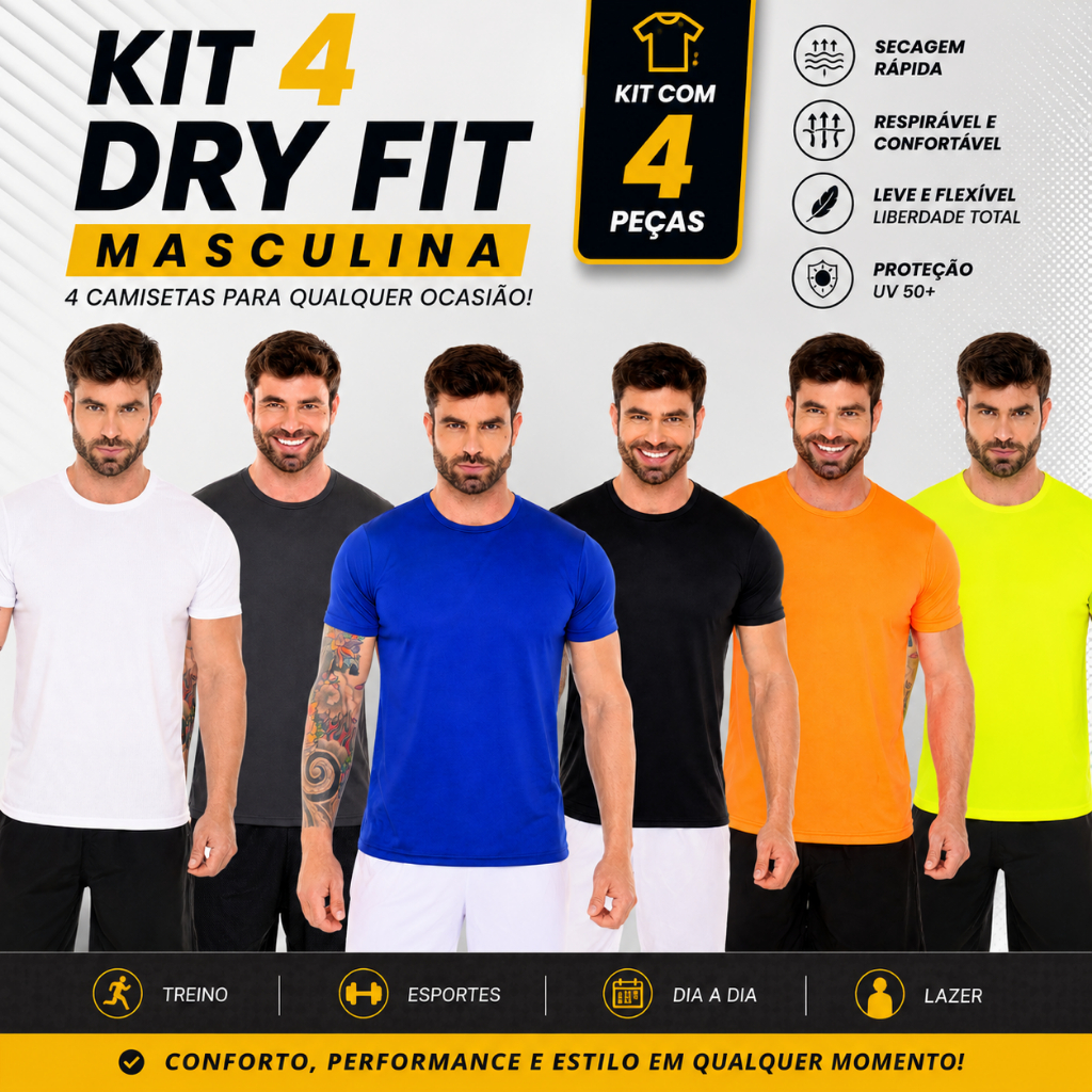 Kit 4 Camisetas Dry Fit Masculino Treino Ultra Leve Com Proteção Uv Secagem Rápida.