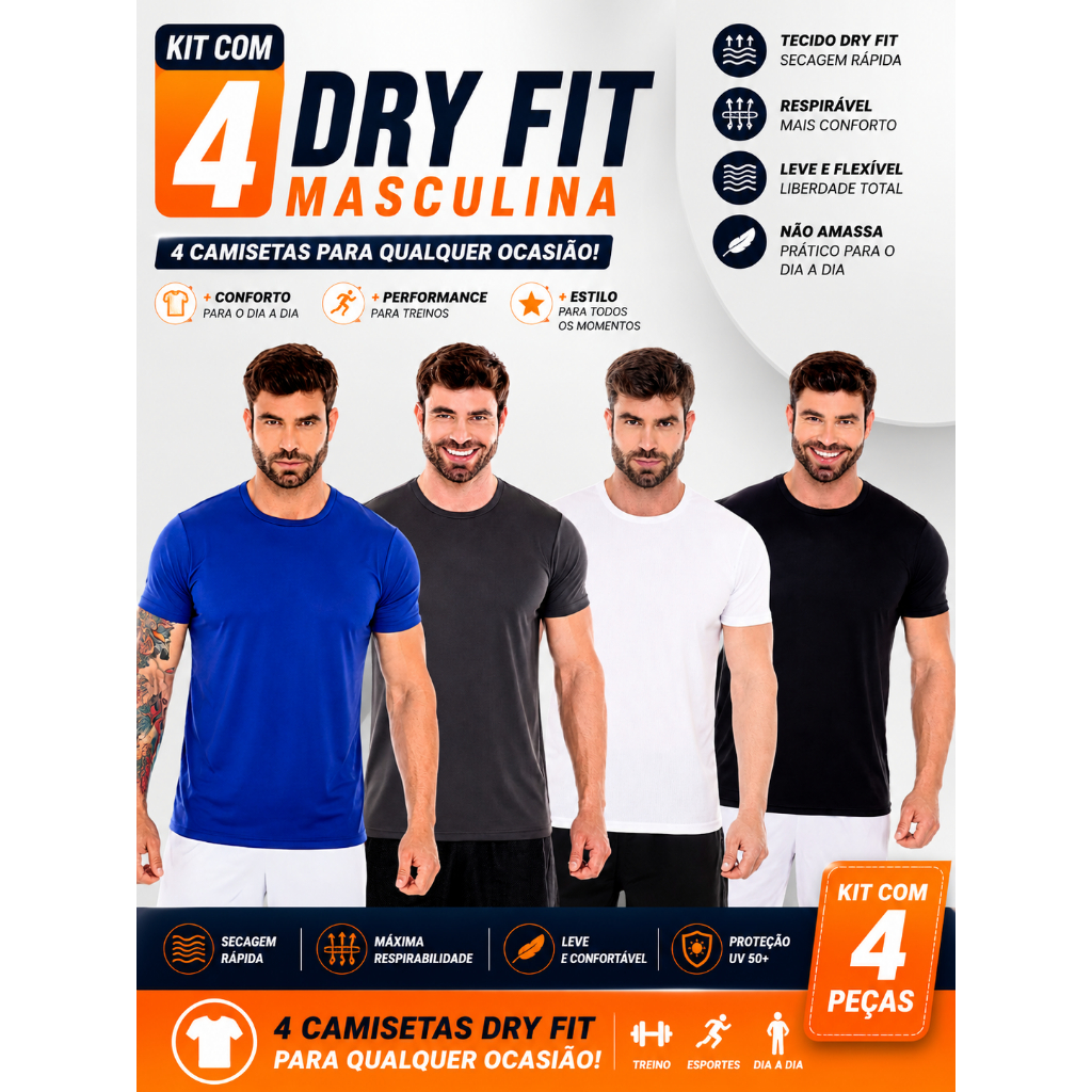 Kit com 4 Camisetas Dry Fit Secagem Rápida Ultra leve Masculino Treino Com Proteção Uv 50+.