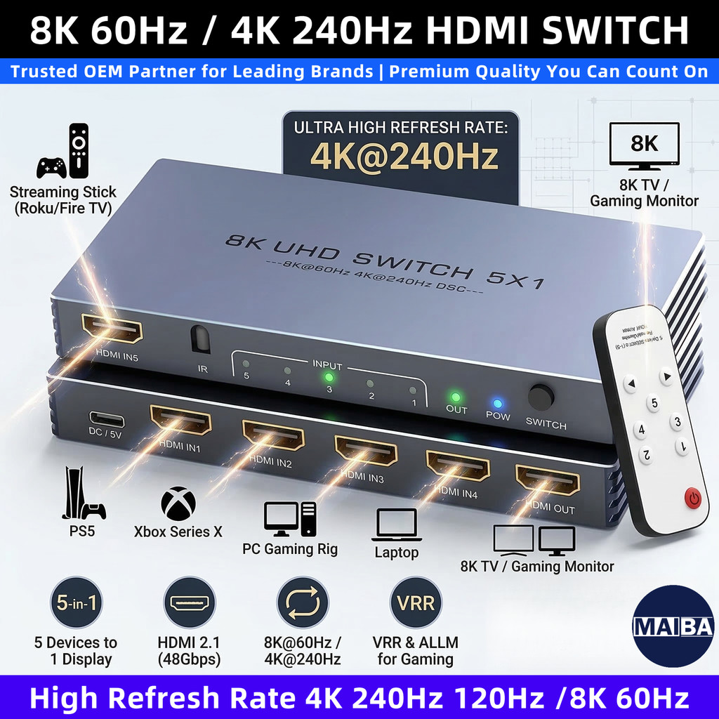 Interruptor HDMI 2.1 8K 5 Em 1 Saída | Divisor De Alta Taxa De Atualização 4K 240Hz 120Hz 48Gbps Com IR Remoto Para PS5