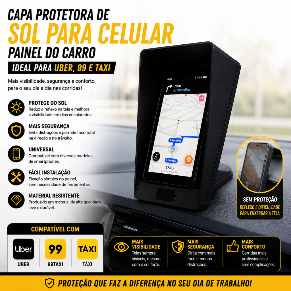 Capa Protetora De Sol Celular Painel Para Uber 99taxi Cabify Preto