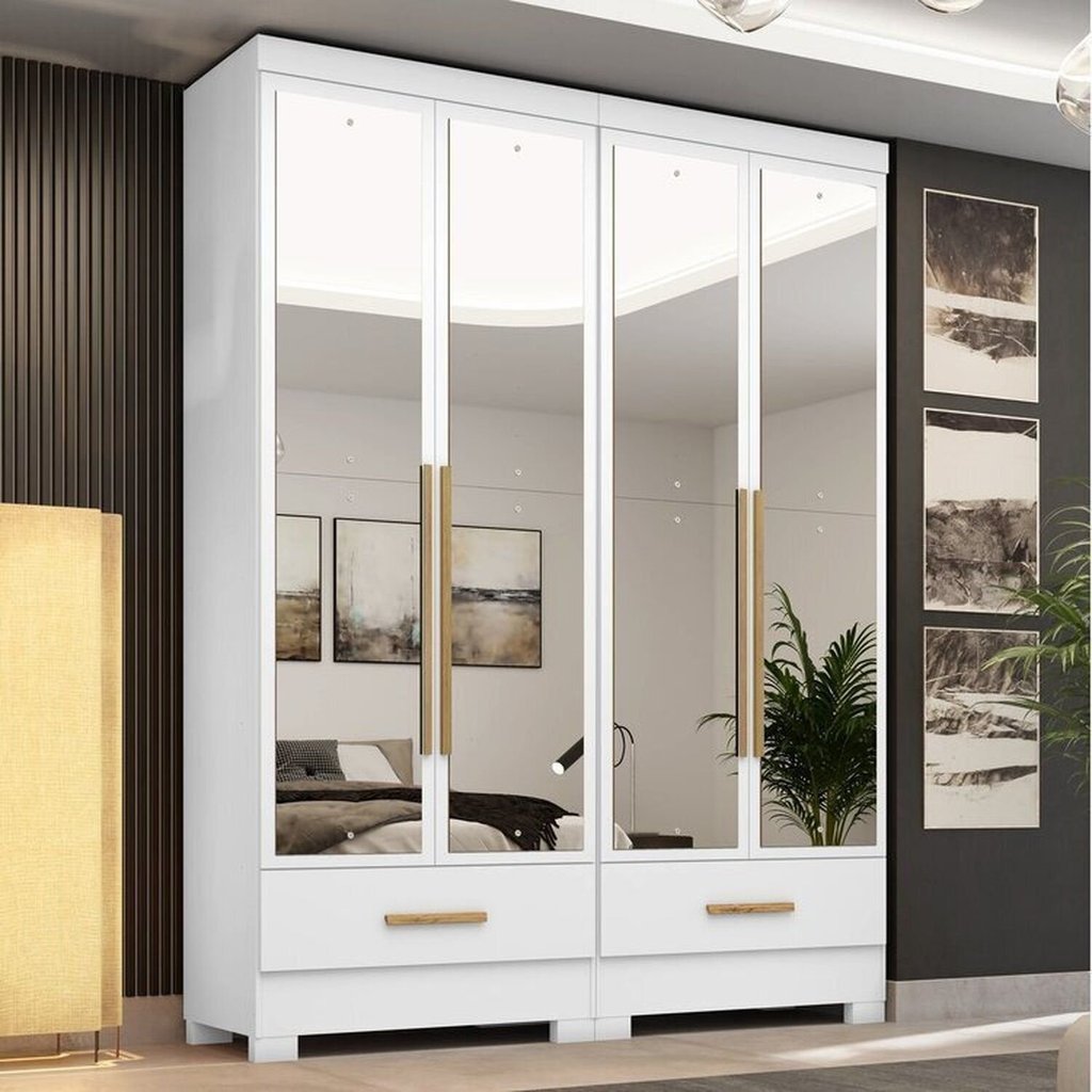 Quarto Modulado 100% MDF 2 Peças 4 Portas 2 Gavetas com Espelhos Smart Plus Espresso Móveis Branco Branco
