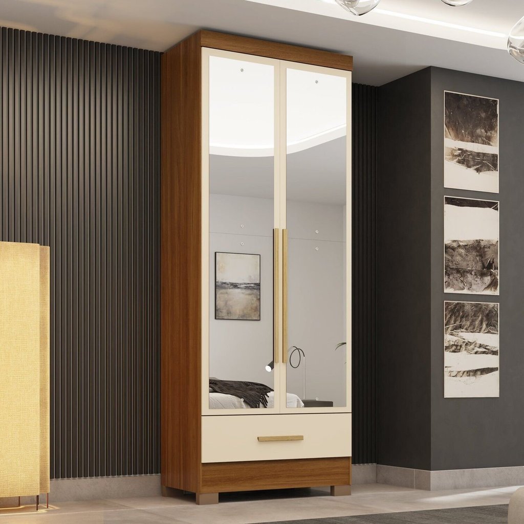 Guarda-Roupa 100% MDF 2 Portas 1 Gaveta com Espelhos Smart Plus Espresso Móveis Bege/Cinamomo/Offwhite Cinamomo/Off