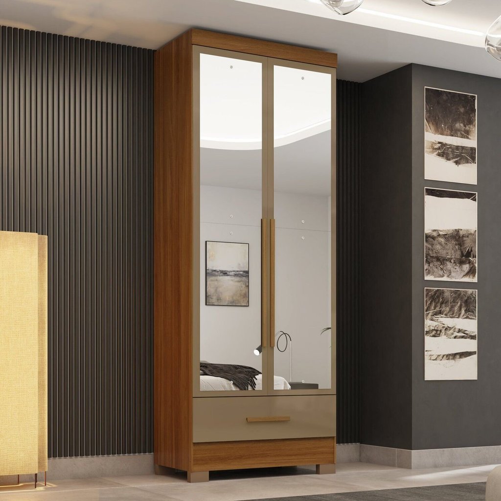 Guarda-Roupa MDF 2 Portas 1 Gaveta com Espelhos Smart Plus Espresso Móveis Bege/Cinamomo Cappuccino Cinamomo/Cappuccino