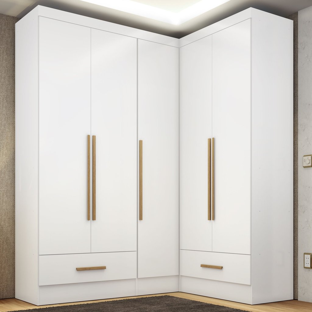 Quarto Modulado de Canto 100% MDF 3 Peças 5 Portas 2 Gavetas Smart Plus Espresso Móveis Branco Branco