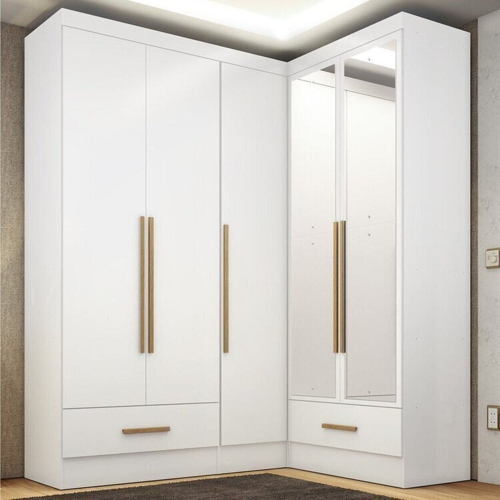 Quarto Modulado de Canto 100% MDF 3 Peças 5 Portas 2 Gavetas com Espelhos Smart Plus Espresso Móveis Branco Branco