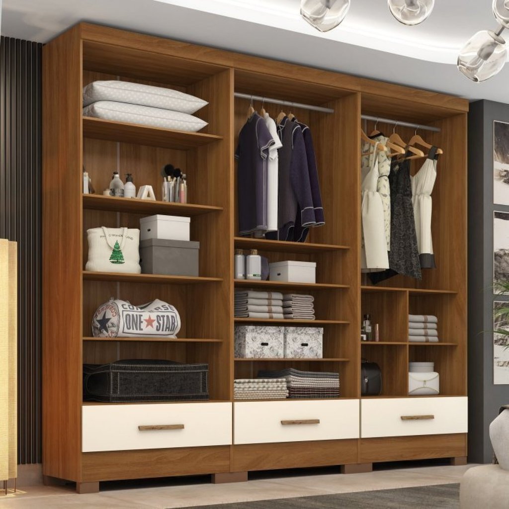 Closet Modulado 3 Peças 3 Gavetas Smart Versatile Espresso Móveis Bege/Cinamomo/Off White