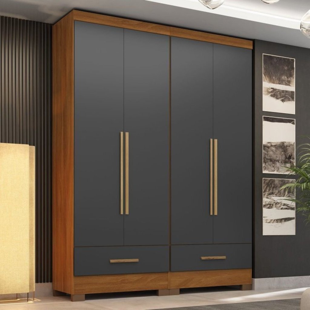 Quarto Modulado 100% MDF 2 Peças 4 Portas 2 Gavetas Smart Plus Espresso Móveis Bege/Cinamomo/Chumbo Cinamomo/Chumbo