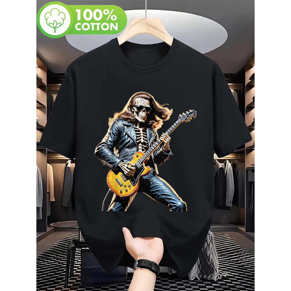 Camiseta Unissex Heavy Metal Skull Guitar Print Retro Music Streetwear Confortável Estilosa Casual