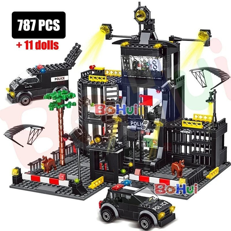 SWAT Police Station Militar Cidade Modelo Set Carro Prisão Policial Barco Figuras Building Blocks DIY Brinquedo para