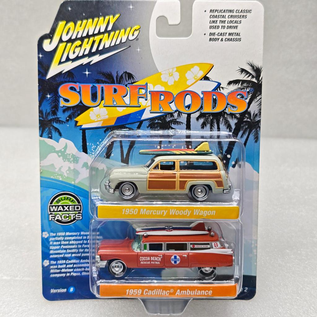 Johnny 1: 64 SURF RODS SURF Set 1950 Mercury Station Veículo 1959 Cadillac Ambulância Liga Modelo de Carro Presente