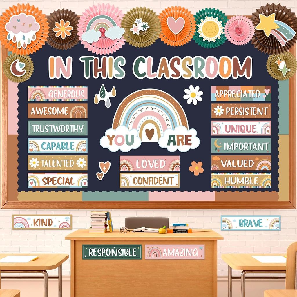 Fuutreo 63 Pcs Affirmation Station Bulletin Board Set Motivational Posters Paper Fans Positive Accents Cutouts Classroom