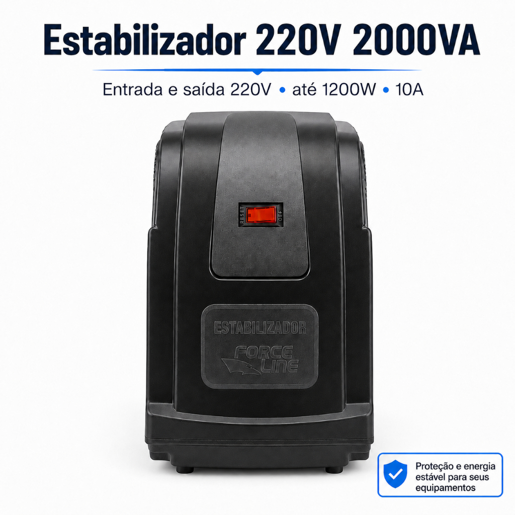 Estabilizador de energia para eletrodomésticos 2000VA entrada saída 220V regula tensão pc tv smart geladeira Force Line
