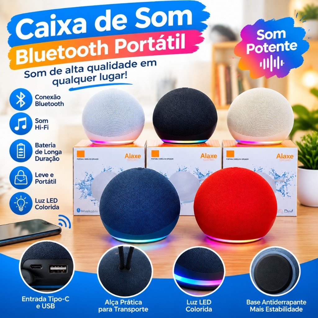Caixa de Som Bluetooth Alaxe5 Geração 5 Sem Fio Alto Falante Portátil Som HD LED RGB Bateria Longa Duração Oferta