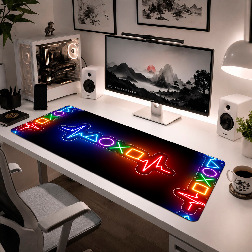Mousepad Gamer Neon Play Station Vários Tamanhos 90x40 70x30 60x30 35x35 Base Emborracha
