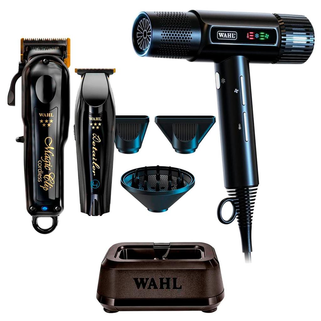 Kit Wahl Barber Combo Máquina de Corte e Acabamento + Secador Wahl Vanquish 127V + Base Carregadora Wahl Power Station