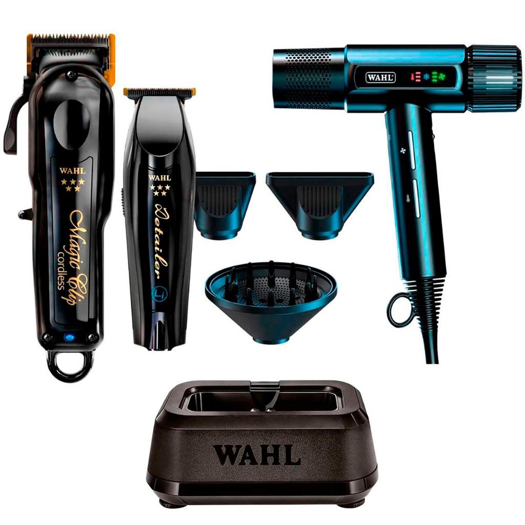 Kit Wahl Barber Combo Máquina de Corte e Acabamento + Secador Wahl Vanquish 127V + Base Carregadora Wahl  Power Station