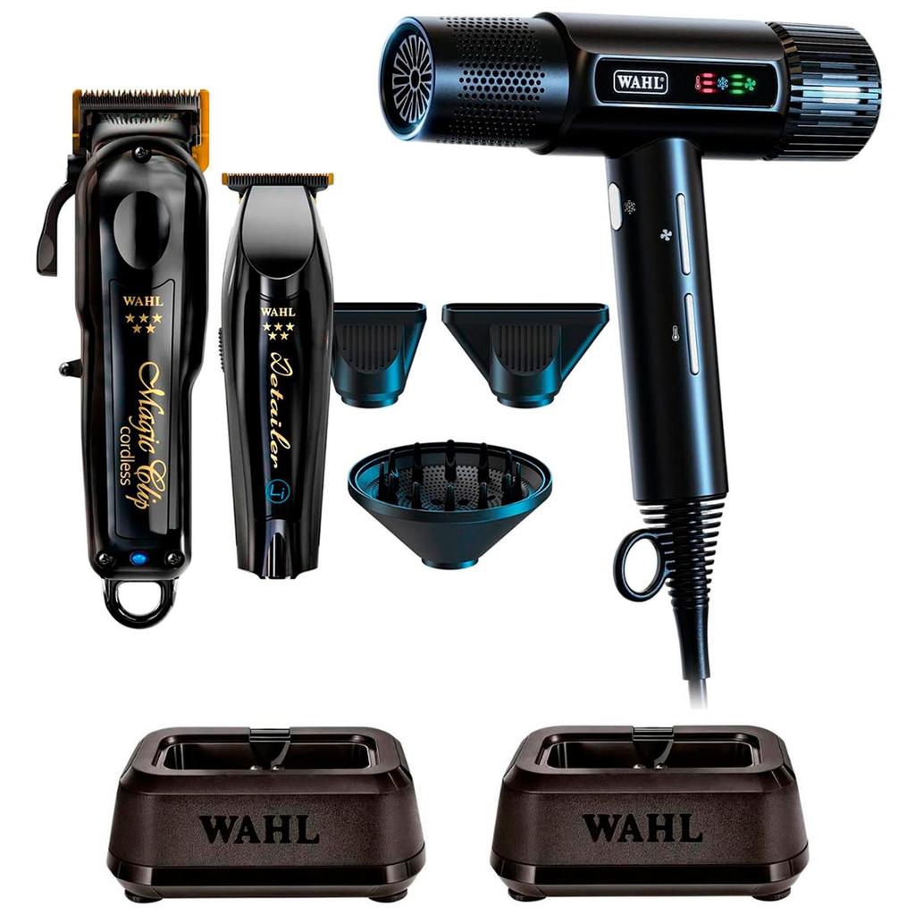 Kit Wahl Barber Combo Máquina de Corte e Acabamento + Secador Wahl Vanquish 127V + 2 Base Carregadora Wahl Power Station