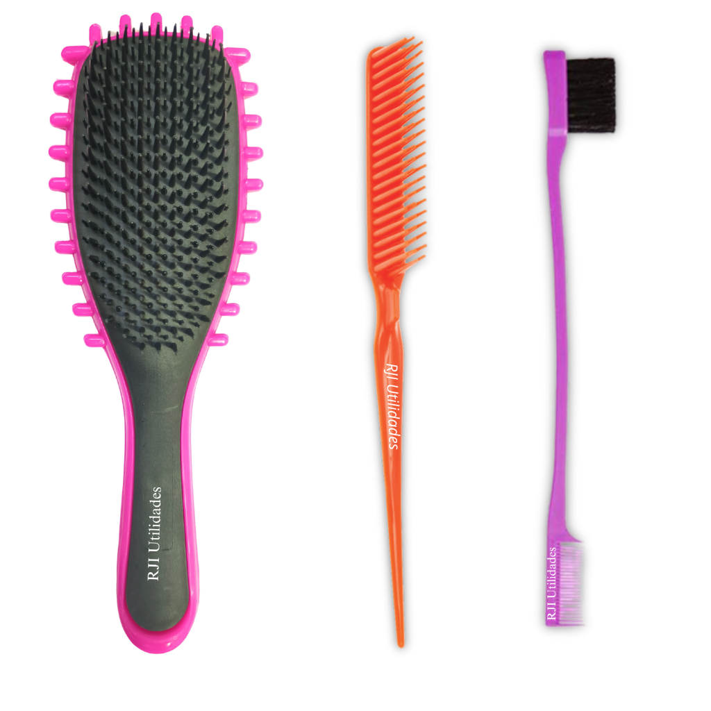 Kit Escova de Cabelo Fitagem Bounce Curl Gringa + Pente 3 Fileiras + Baby Hair 2 em 1