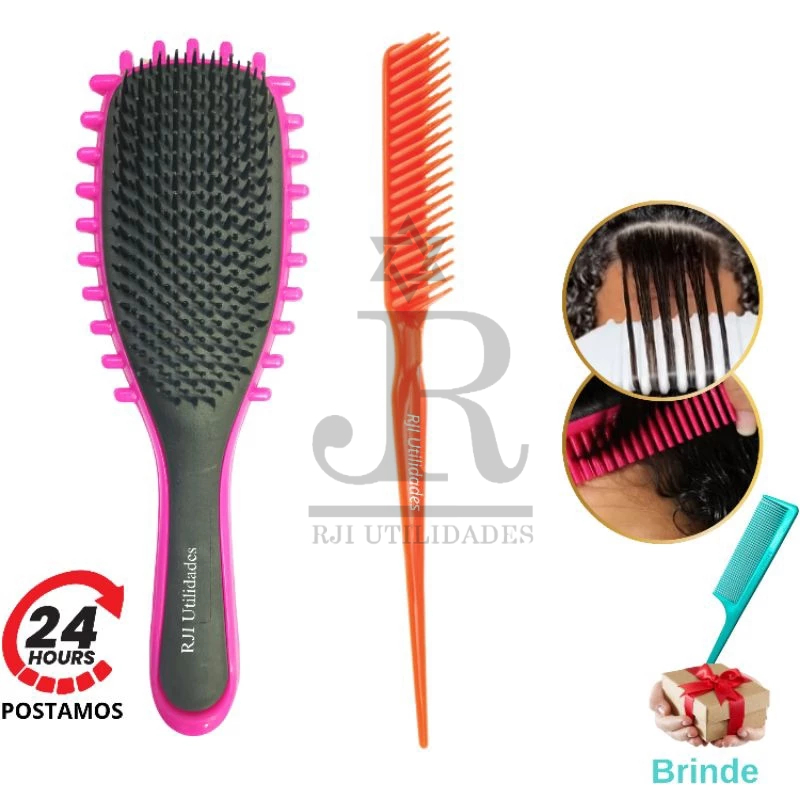 Kit Escova Cabelo Fitagem Fendas Bounce Curl Gringa + Pente 3 Fileiras Cacheados Ondulados
