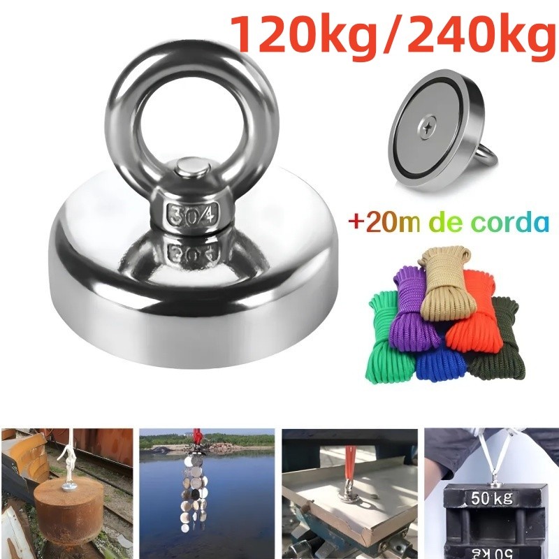 Imã De Neodímio Para Pesca Esportiva Magnética De 120kg-240Kg Tração + Corda 20 metros Muito Resistente