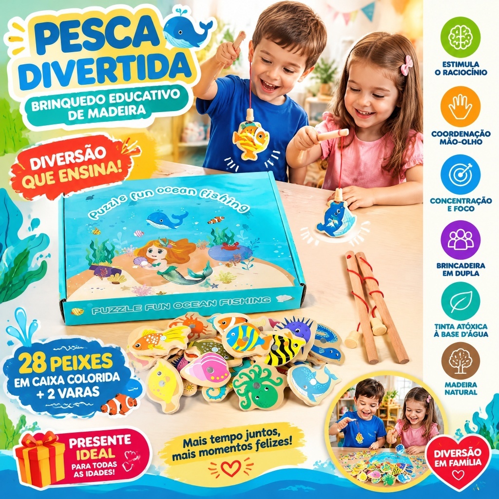 Jogo De Pesca Magnética De Madeira Conjunto De Brinquedos Para Crianças Dos Desenhos Animados Peixe Montessori