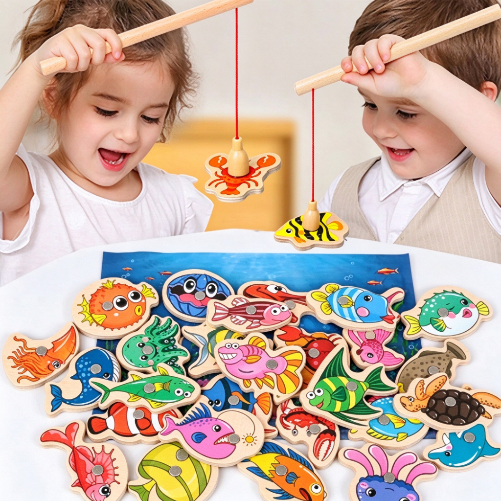 54 Pieces Wooden Magnetic Fishing Toys/Montessori Educational Games for Children/Fish Fishing Toy