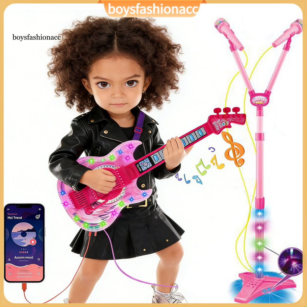 Kids Guitar Microphone Play Set for Girls – Pink Karaoke Machine with Led Lights Educational Singing Mic Musical Instr
