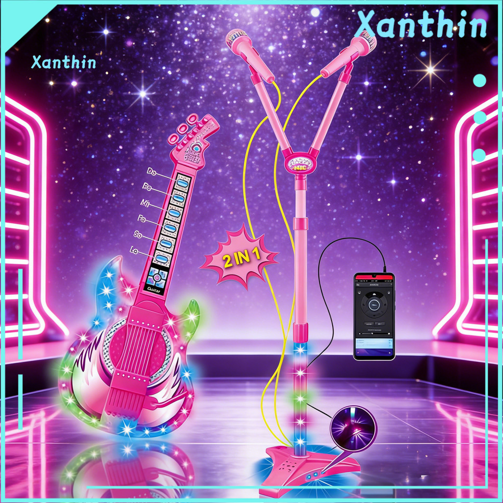 Toddlers Musical Toys Kids Guitar Toy Pink Karaoke Set with Led Lights – Educational Microphone for Girls Singing Play