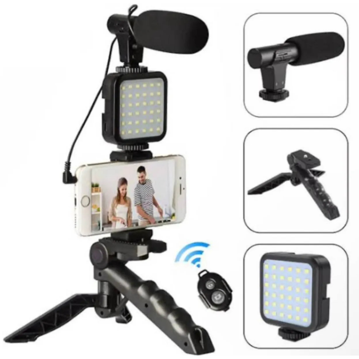 Kit de iluminação de vídeo LED, kit de vídeo Vlog da Andoer p/ telefone com tripé de mesa, suporte de telefone com mic