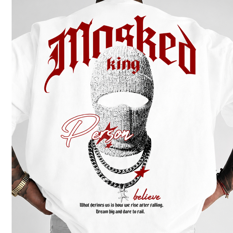 Camiseta Oversized Masculina Masked King Person Streetwear Estampa Costas Grande