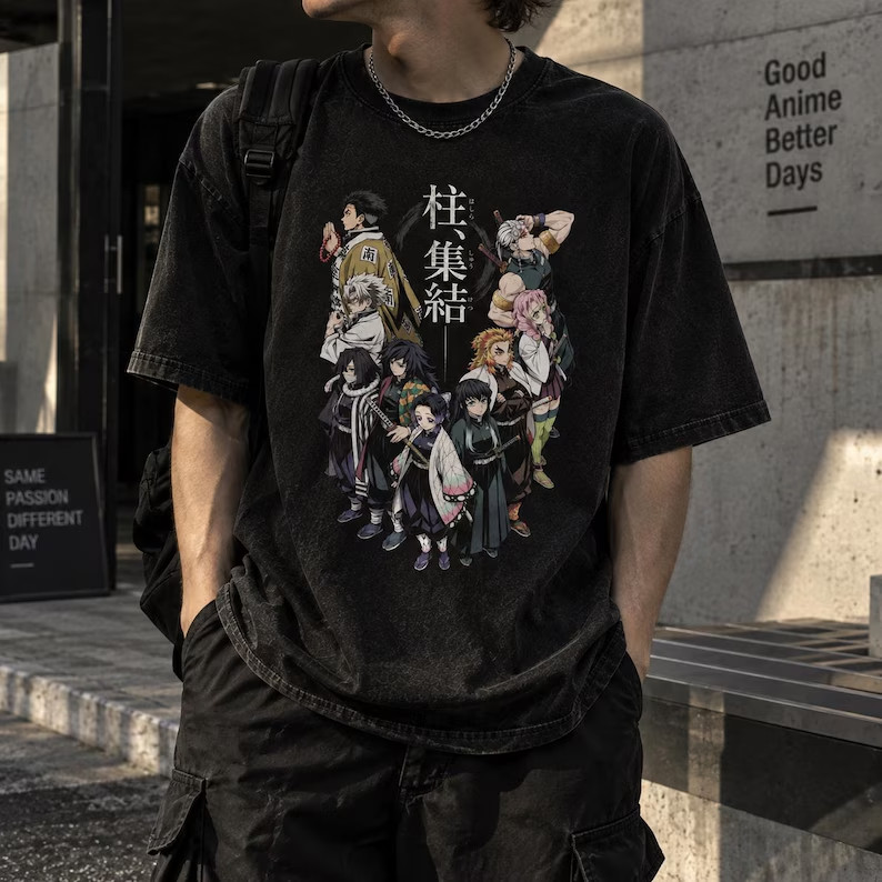 Camiseta de Manga Curta Oversize Preta Lavada de Algodão, Estampa Kimetsu no Yaiba Hashira Reunidos, Impressão de Person