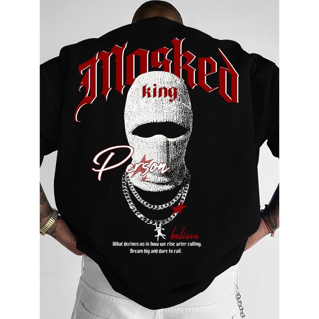 Camiseta Masculina Stretwear Algodão Penteado Infantil Adulto Plus Size Estampa Masked Mascara Gang King Person Corrente