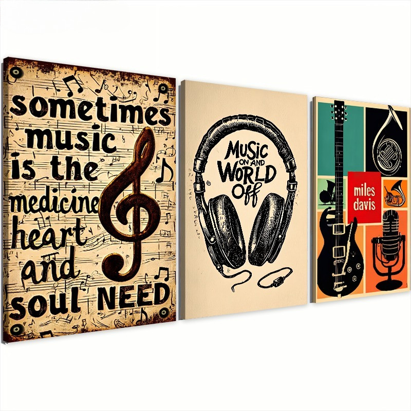 3 quadros cifra fone ouvido guitarra trompéte saxofone microfone vintage musica 8k quarto sala hall escritório 120x60cm