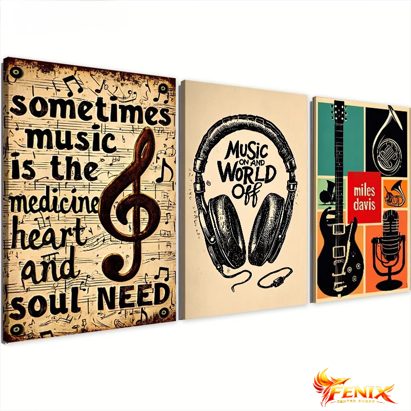 3 quadros cifra fone ouvido guitarra trompéte saxofone microfone vintage musica p/ quarto sala hall escritório 120x60cm