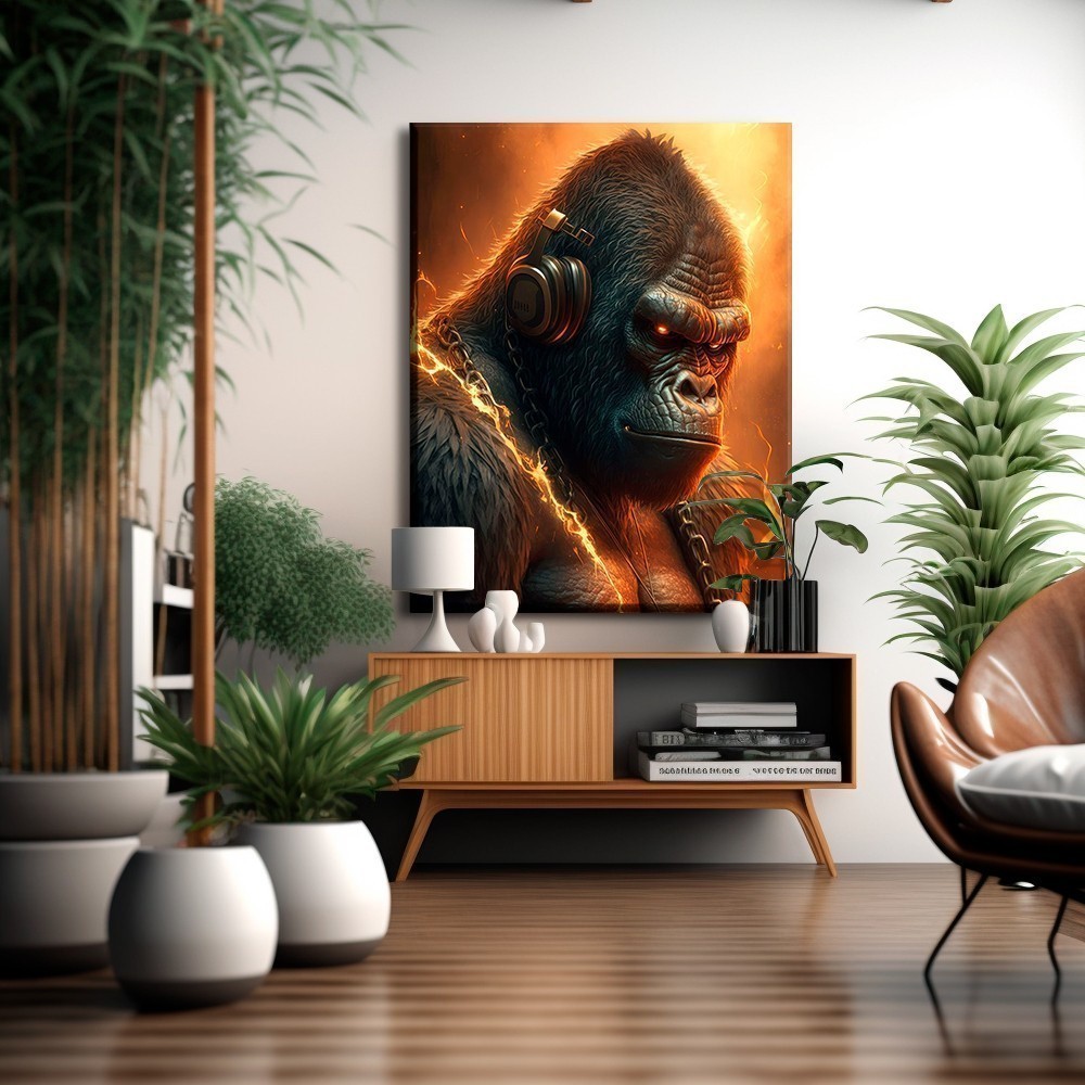 Quadro Decorativo 120x80cm Gorila de Fones Música  Luxo Casa Decoração De Parede Mdf Adesivo Sala Quarto