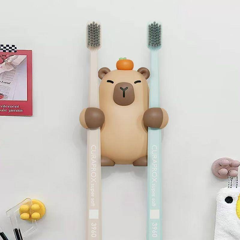 1Cartoon Capybara Wall-Mounted Toothbrush Holder with Suction Cup, Double-Position Cute Smile Bathroom Set, Birthday Gif