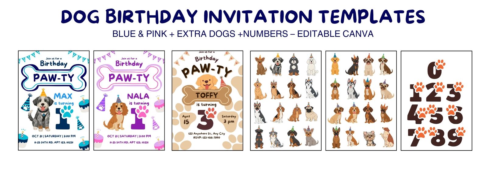 Dog Birthday Invitation Canva Template BUNDLE Boy & Girl – Blue & Pink Pawty Editable + Extra Dogs