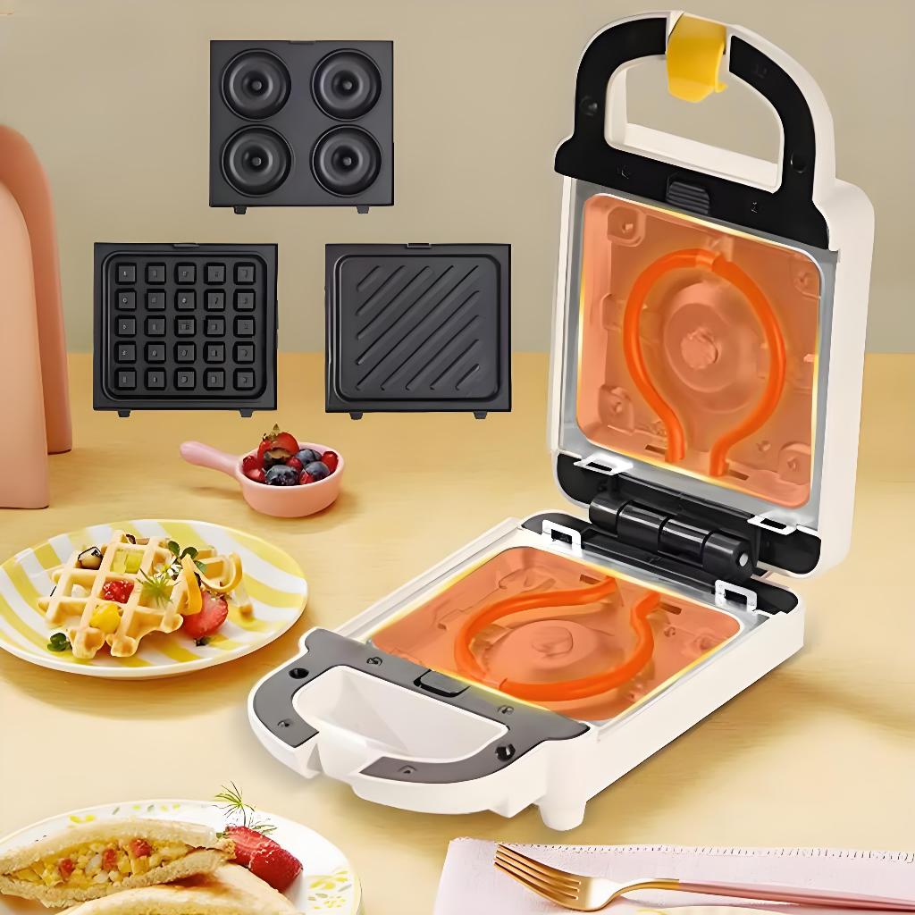 Sanduicheira 3 em 1 Elétrica 650W Antiaderente - Faz Waffles e Donuts, Grelha Removível e Portátil M9