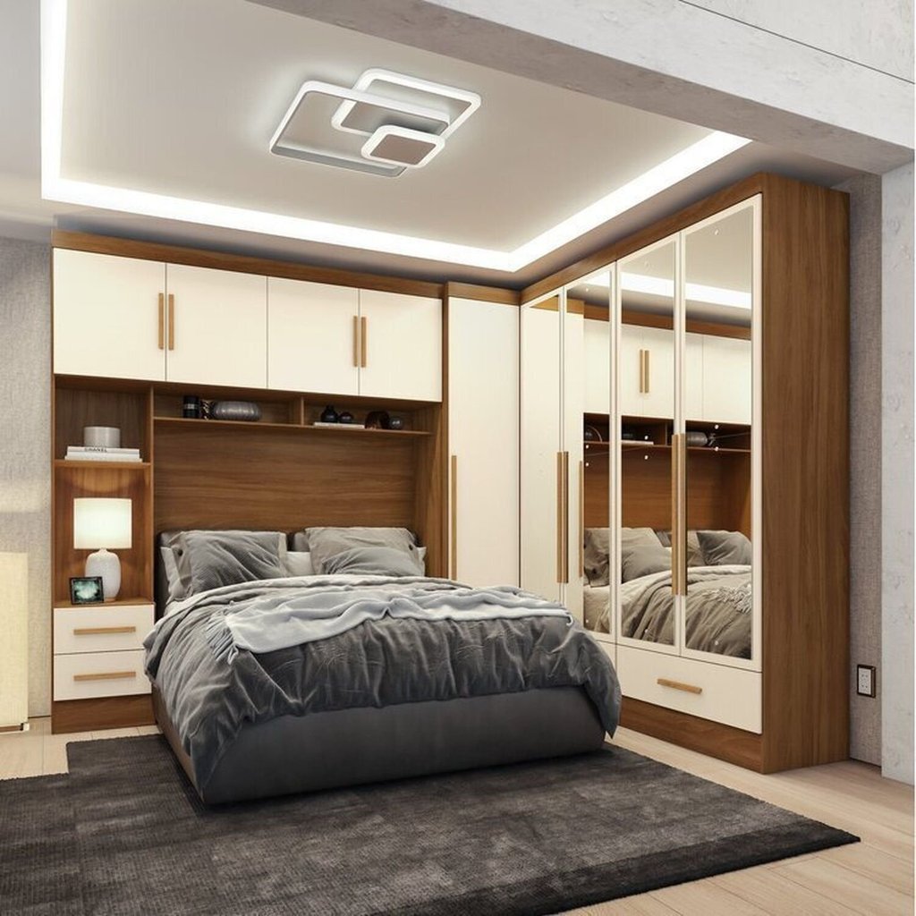 Quarto Modulado Casal 100% MDF 4 Peças 5 Portas 4 Gavetas com Maleiro e Espelhos Smart Plus Yescasa Bege/Cinamomo