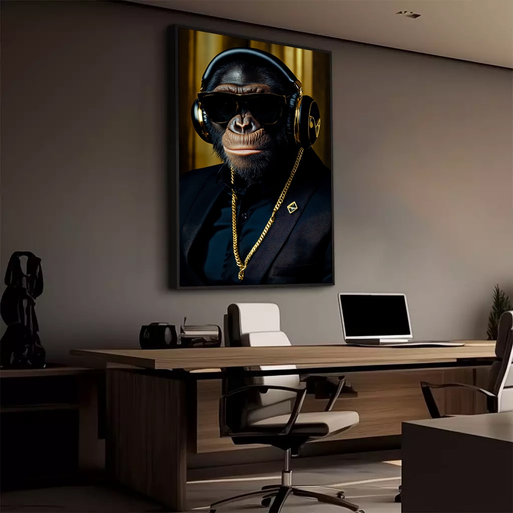 Quadro Macaco Dourado Empresário Sucesso Estiloso Com Fone Festa Studio