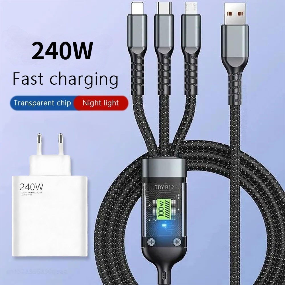 Carregador 240W 3 Em 1 Cabo De Dados De 100W Carregamento Rápido USB Para Android Tipo C IPhone