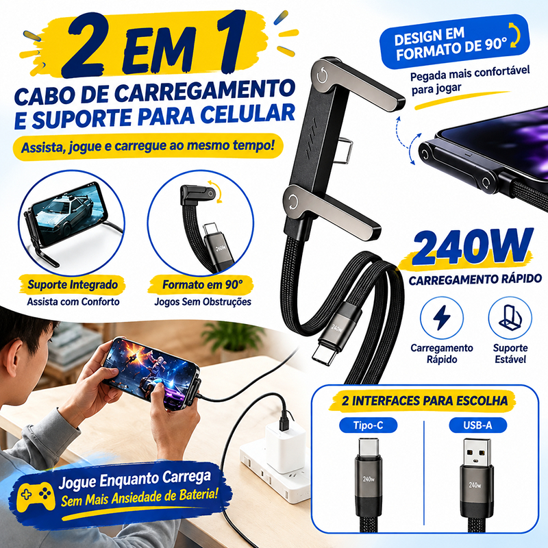 Cabo De Carregamento De Suporte De 240W , Tipo C/USB Para 2 Em 1 Com Telefone Jogos/Vídeos Chagring