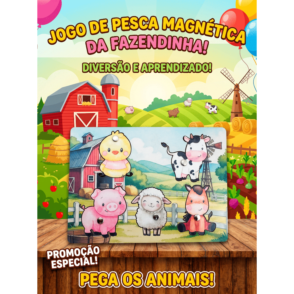Lembrancinha Fazendinha KIT com 10/20/30 Jogo de Pesca Magnética MDF Kit Festa Aniversário Menino Menina