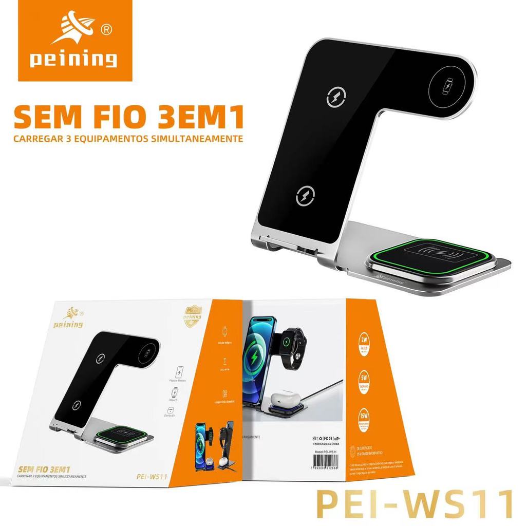 PEINING PEI-WS11 Carregador Sem Fio 3 em 1 | Base Eficiente para Celular, Relógio e Fone
