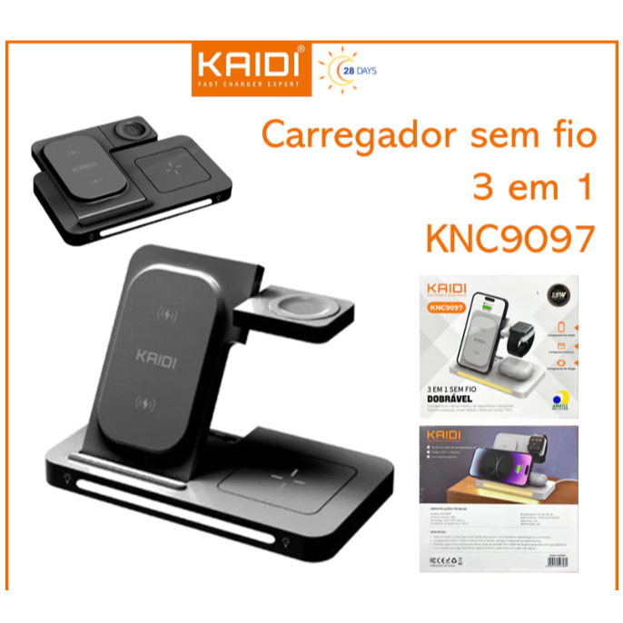 Suporte Carregador Indutivo Fone Celular Smartwatch 3 em 1 sem fio Dobrável 15W Kaidi KNC-9097