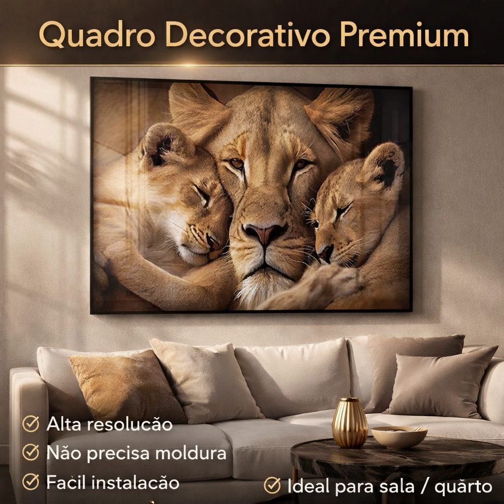 QUADRO DECORATIVO PEÇA ÚNICA FAMÍLIA LEOA E SEUS FILHOTES PROTEÇÃO REFLEXO JANELA PLACA MDF 4K FULL
