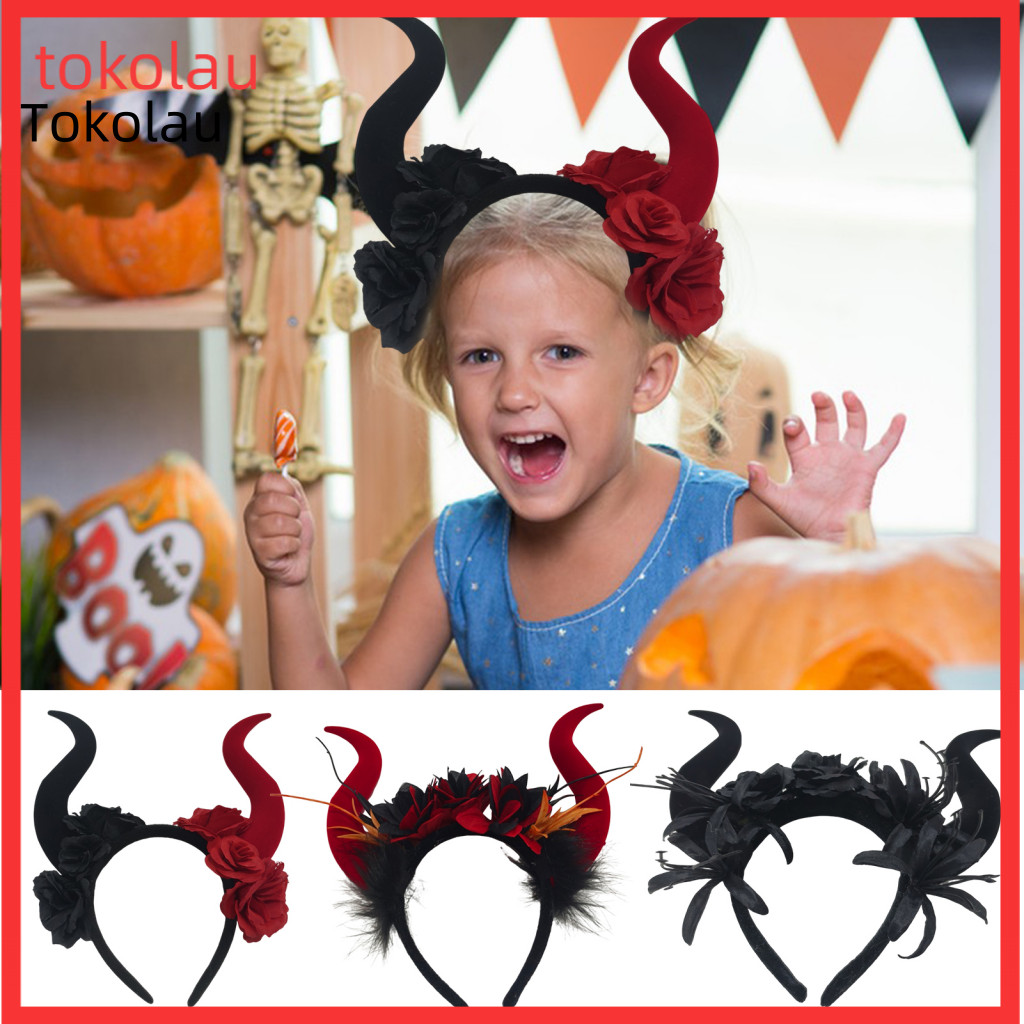 Lightweight Hairband Hair Accessories Gothic Red Black Rose Headband with Horns – Halloween Party Hoop Carnival Costum
