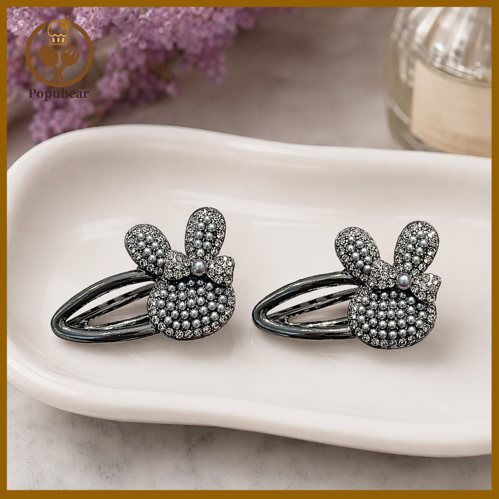 3d Rabbit Hair Accessory Pearl Clip Lightweight Rhinestone Hairpin Retro Black Cute Girl Pin Gift for Women and Kids Sty