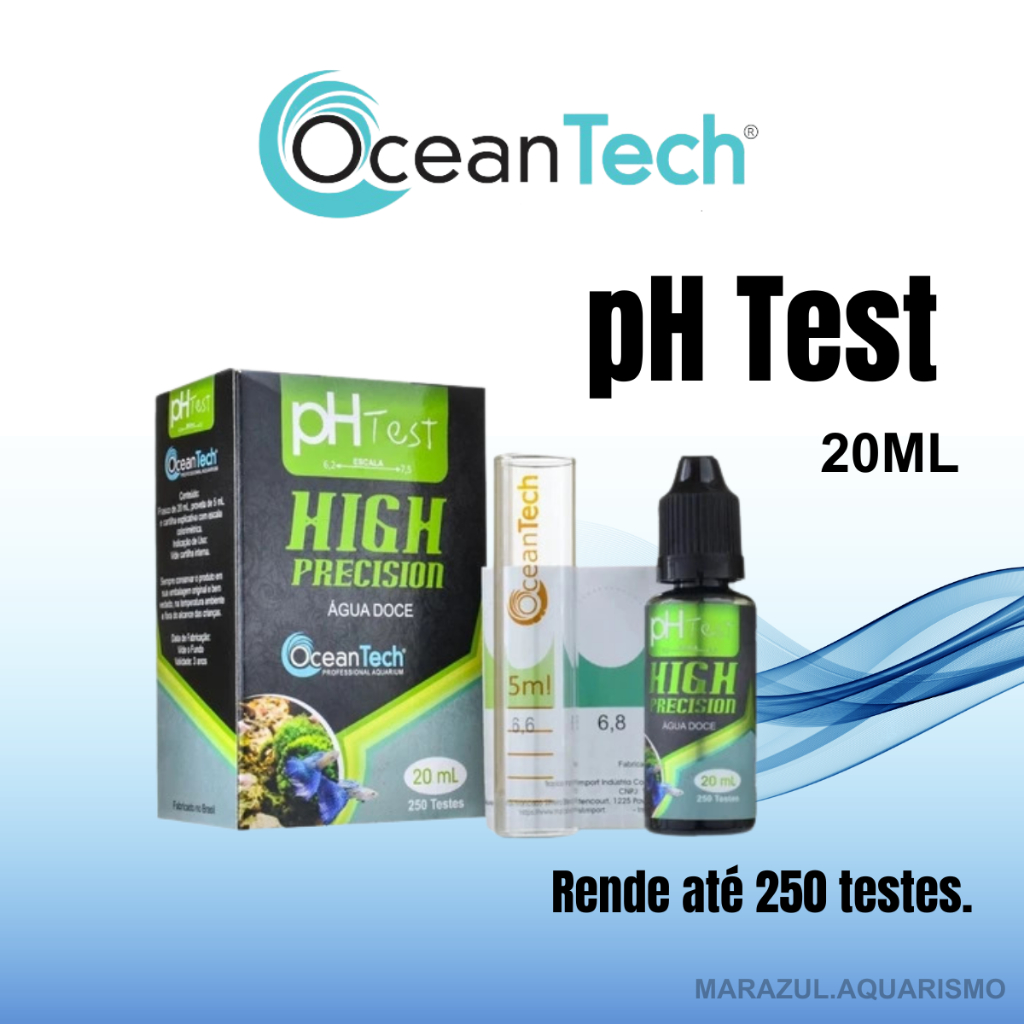 Teste De Ph Para Aquários de Água Doce pH Test OceanTech High Precision 20ml Até 250 Testes com Proveta